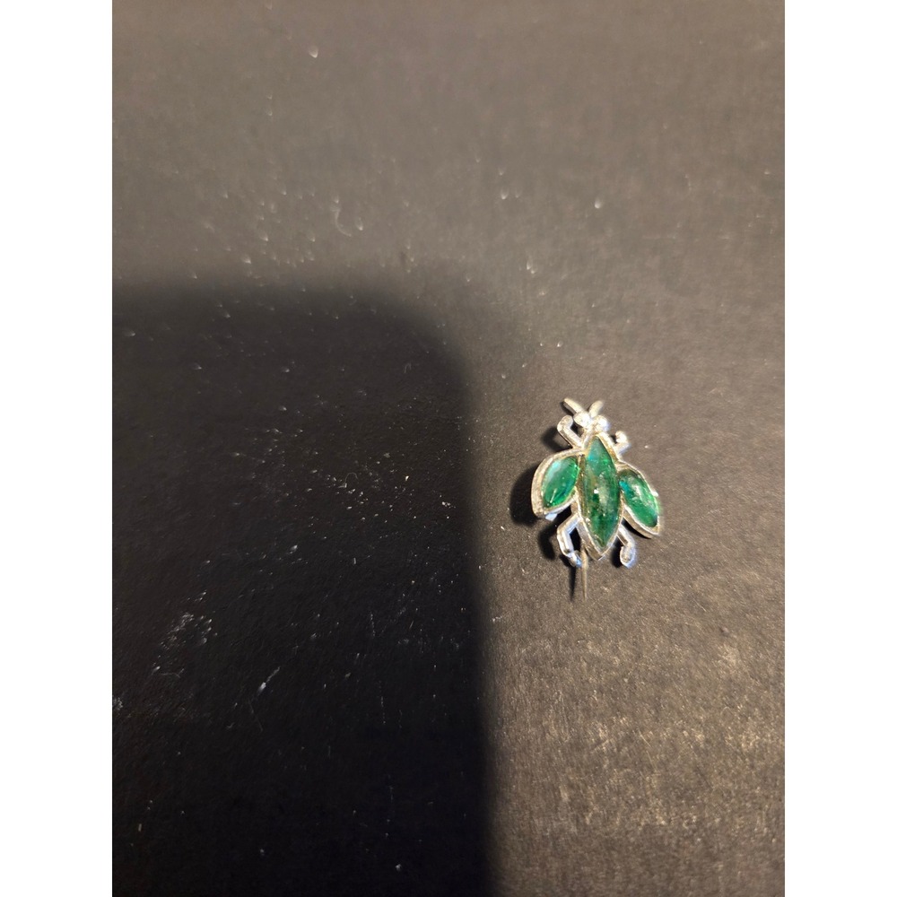 Vintage Silver Tone Green Marquise Stone Insect Fly Beetle Brooch Pin